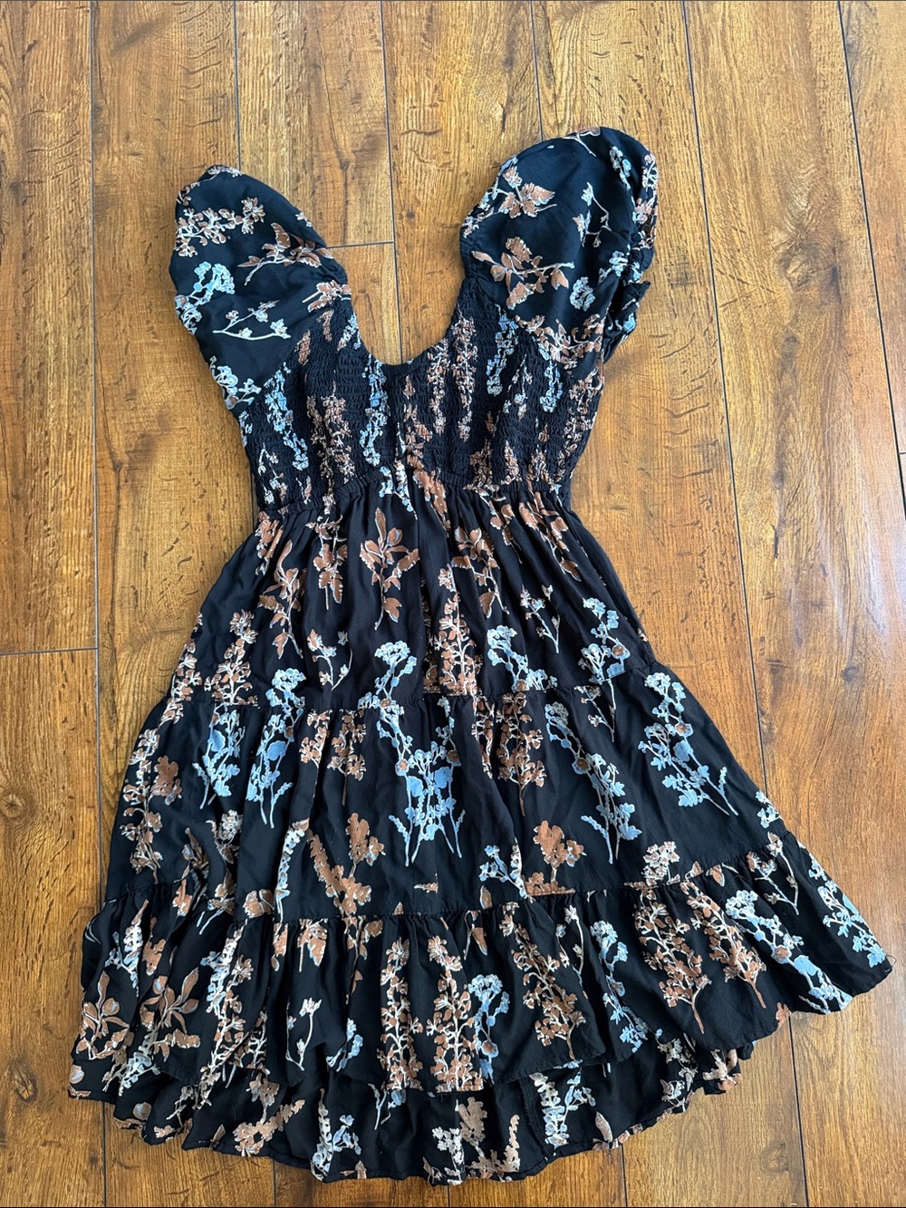 Angie Black Midi Dress with Blue & Brown Floral Print